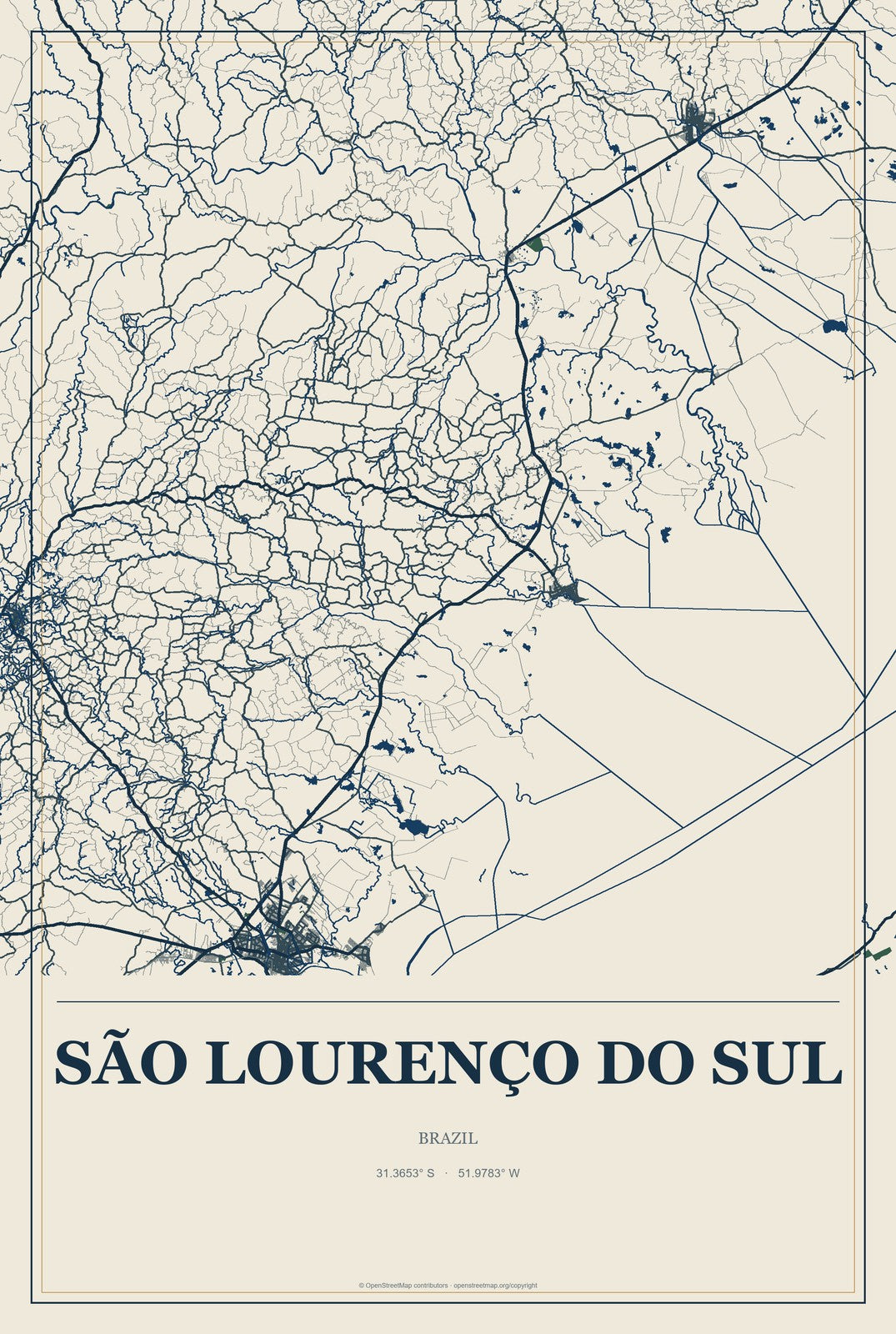 São Lourenço do Sul, Brazil City Map Aluminum Sign in Coastal Cutout style