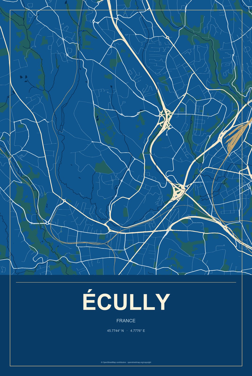 Écully, France City Map Aluminum Sign in Harbor Cobalt style
