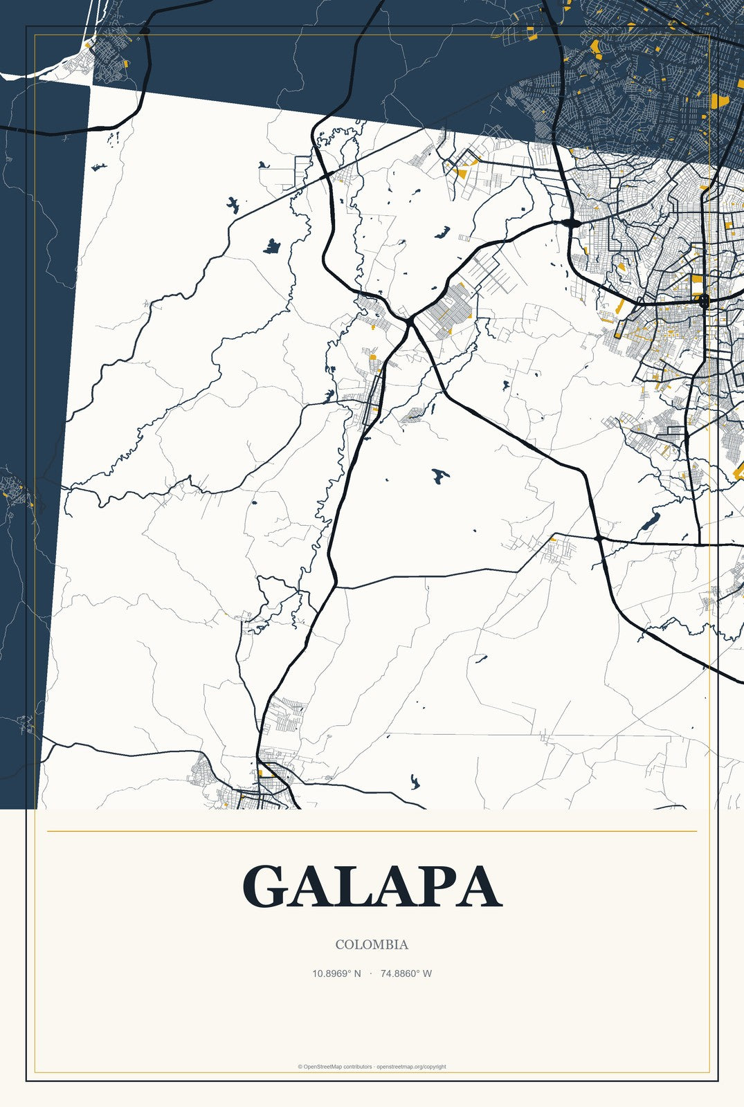 Galapa, Colombia City Map Aluminum Sign in Citrine Modern style
