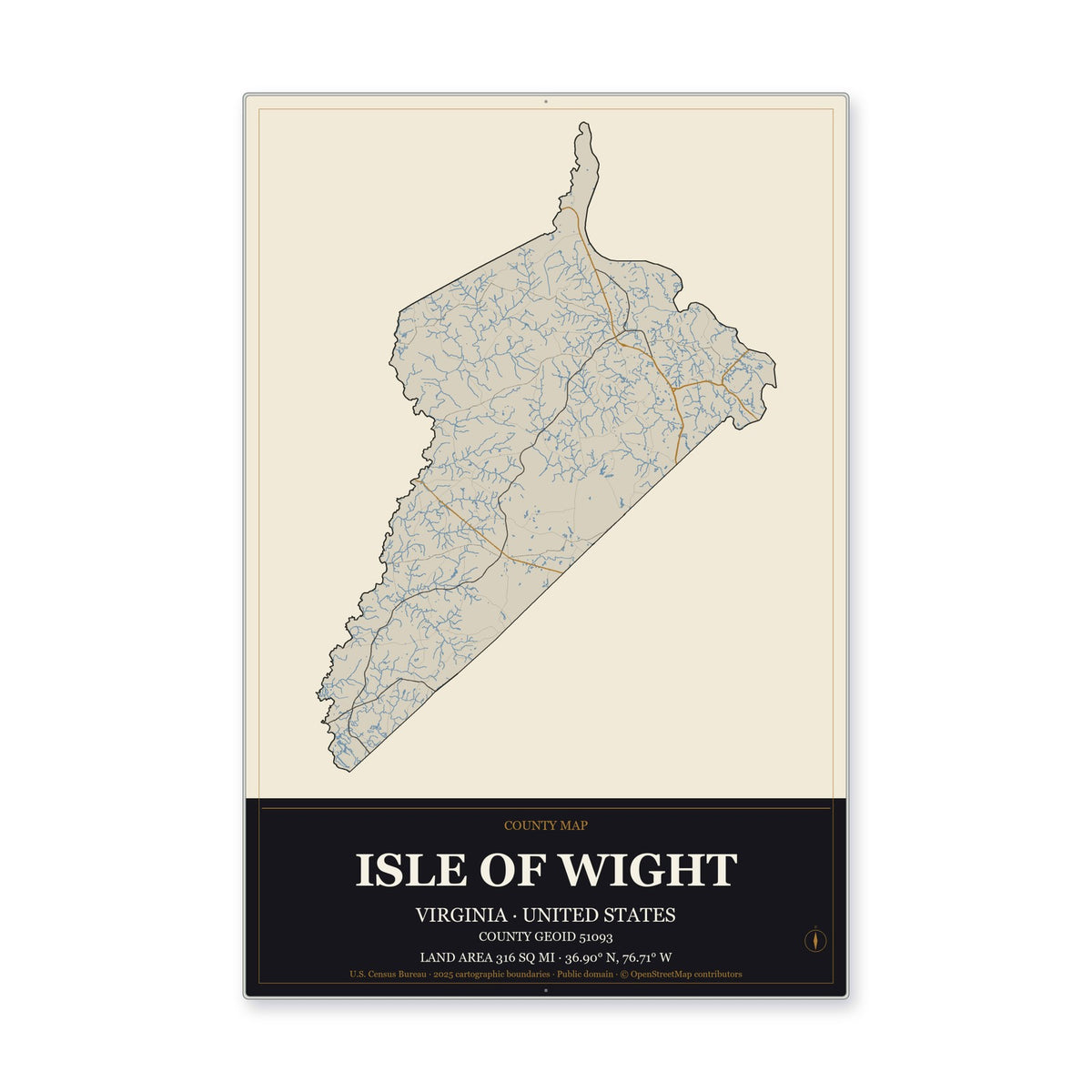 Isle of Wight County, Virginia Map Aluminum Sign in Museum Plaque style