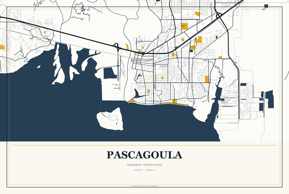 Pascagoula, Mississippi City Map Aluminum Sign in Citrine Modern style