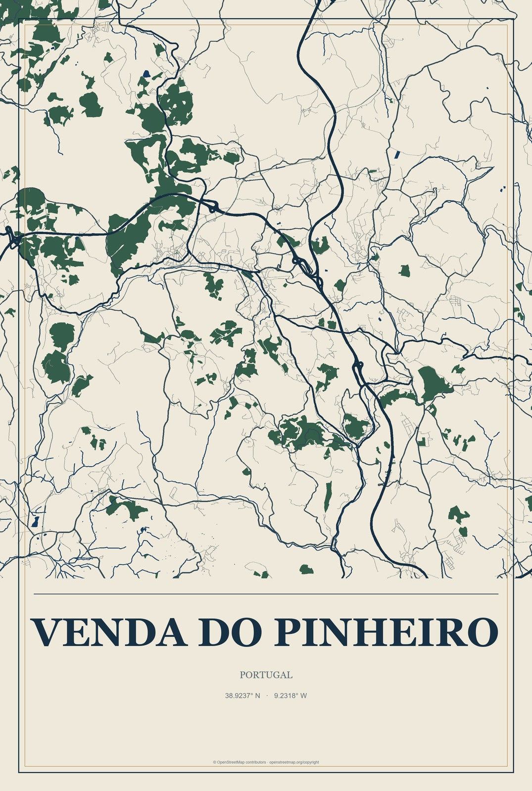 Venda do Pinheiro, Portugal City Map Aluminum Sign in Coastal Cutout style