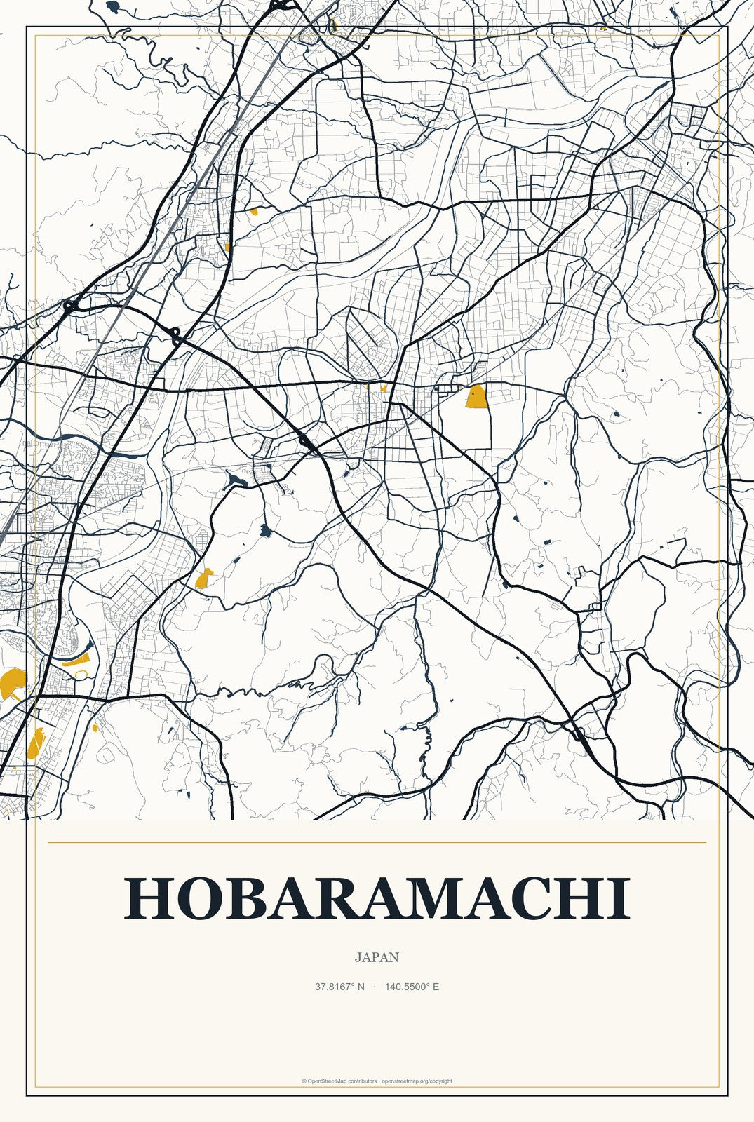 Hobaramachi, Japan City Map Aluminum Sign in Citrine Modern style