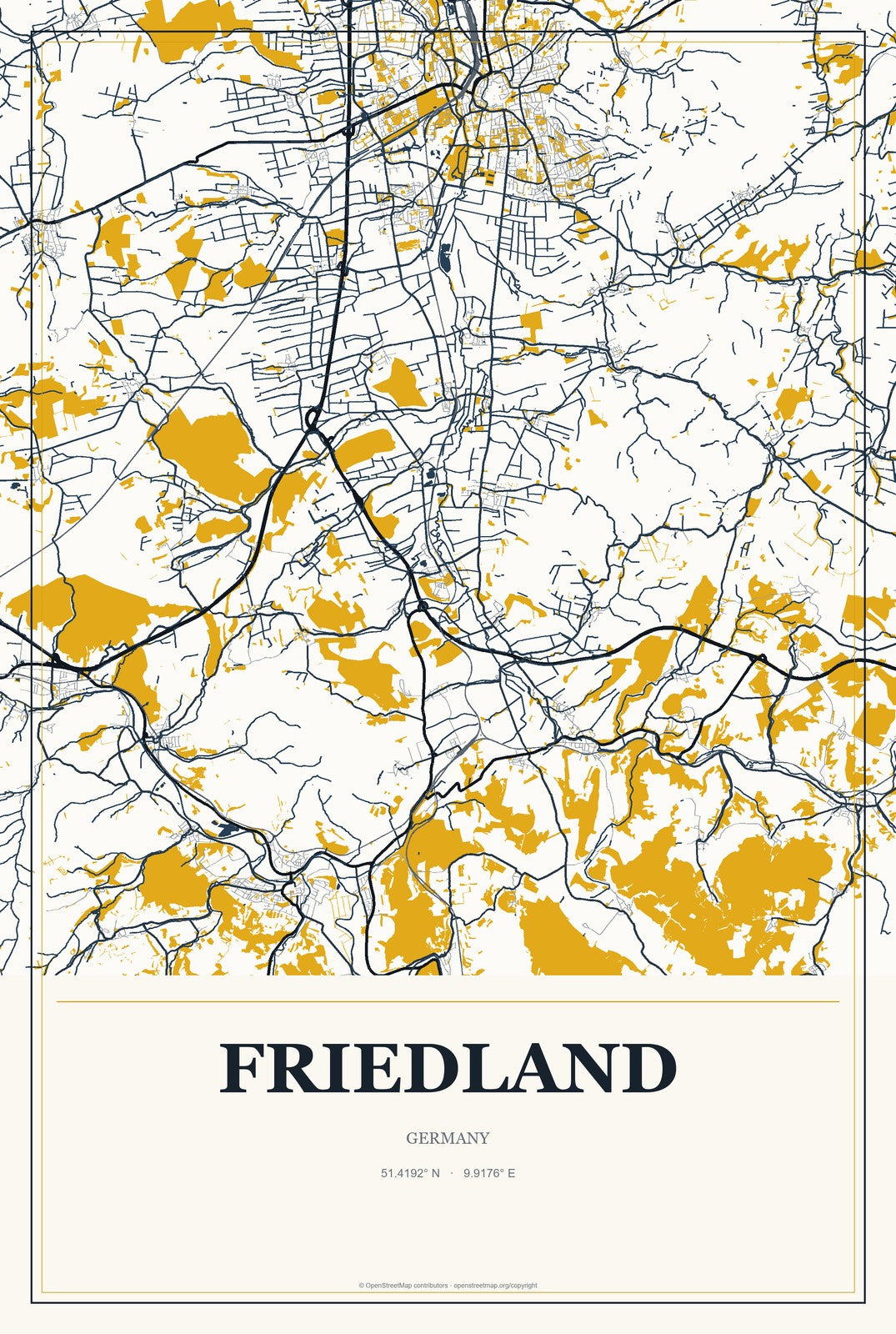 Friedland, Germany City Map Aluminum Sign in Citrine Modern style