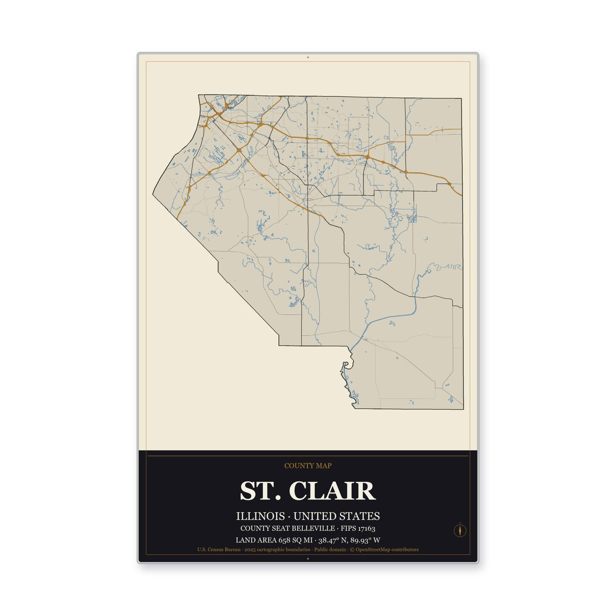 St. Clair County, Illinois Map Aluminum Sign in Museum Plaque style