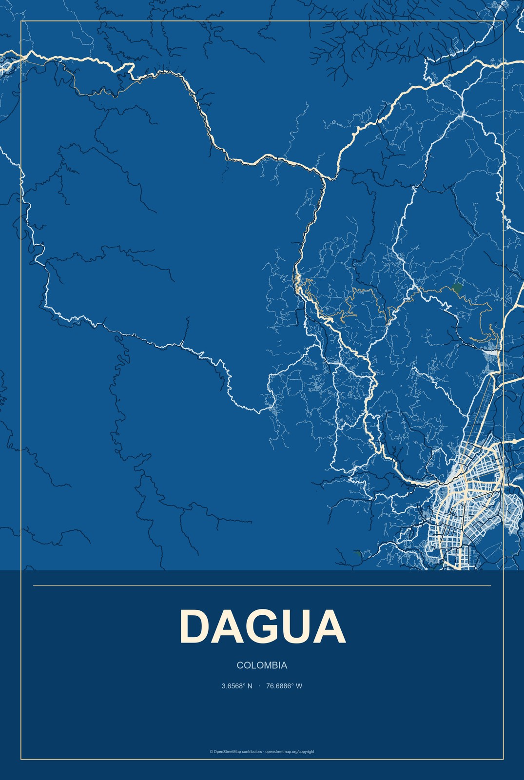 Dagua, Colombia City Map Aluminum Sign in Harbor Cobalt style
