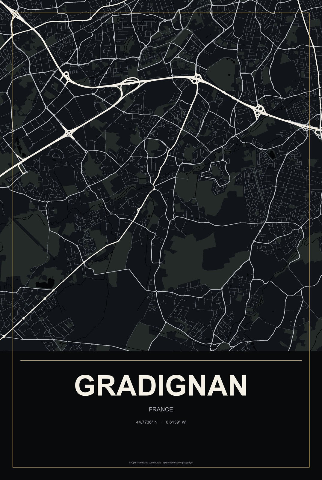 Gradignan, France City Map Aluminum Sign in Metropolitan Noir style