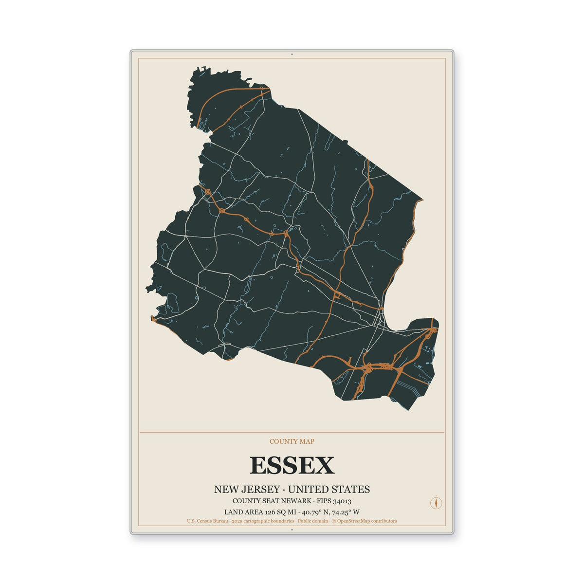Essex County, New Jersey Map Aluminum Sign in Headline Atlas style