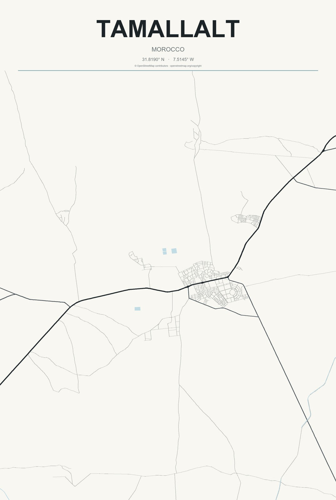 Tamallalt, Morocco City Map Aluminum Sign in Headline Atlas style