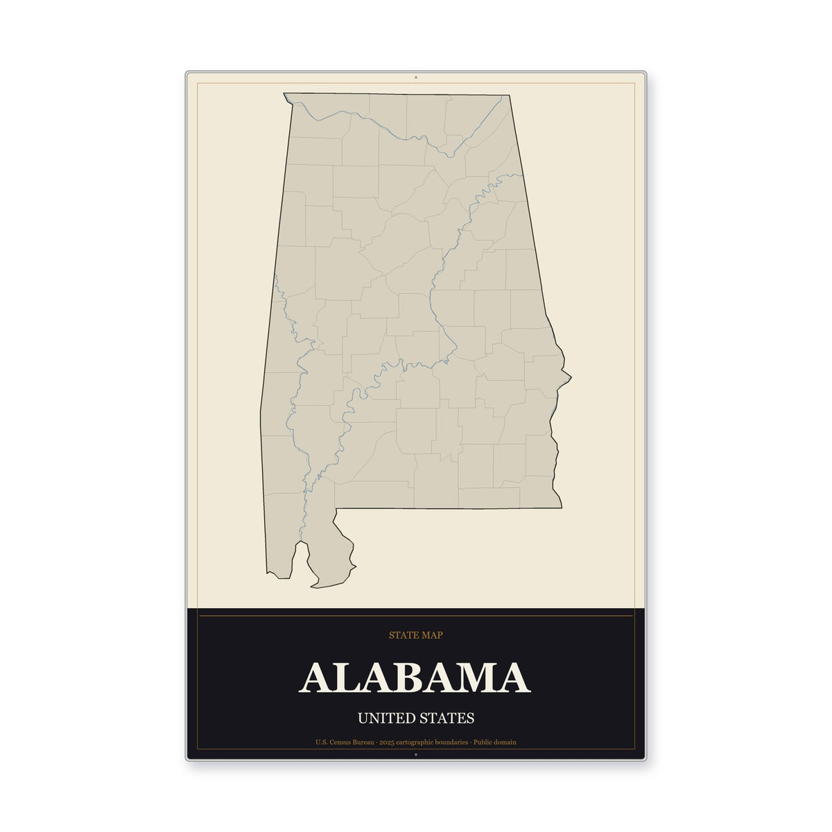 Alabama state map aluminum sign in Museum Plaque style