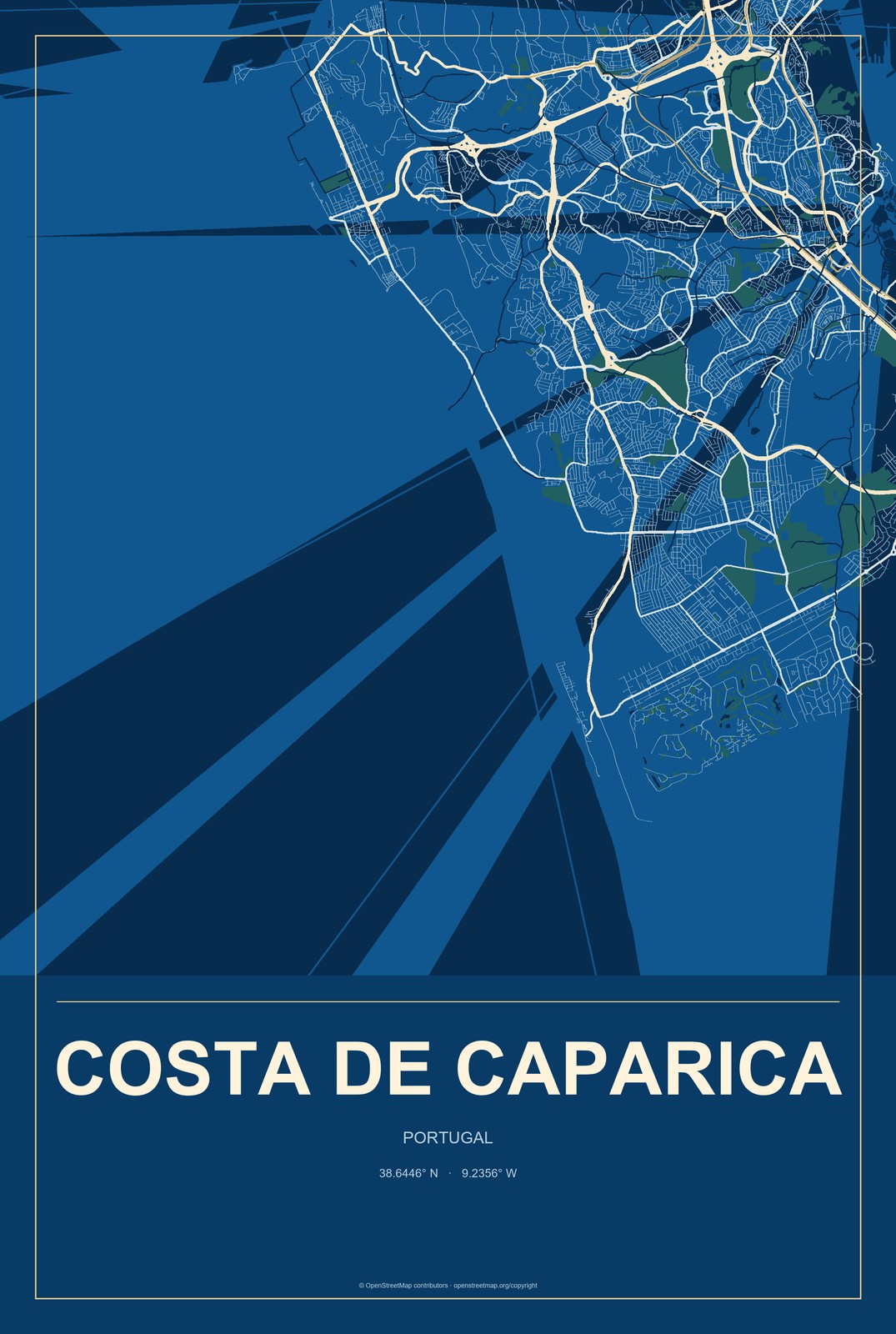 Costa de Caparica, Portugal City Map Aluminum Sign in Harbor Cobalt style