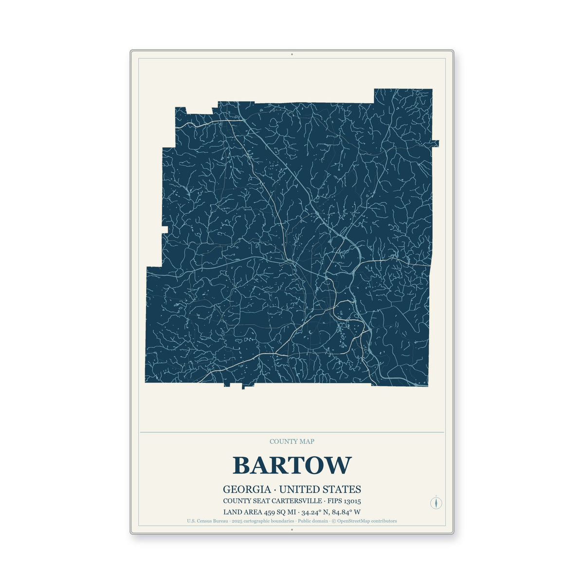 Bartow County, Georgia Map Aluminum Sign in Coastal Cutout style