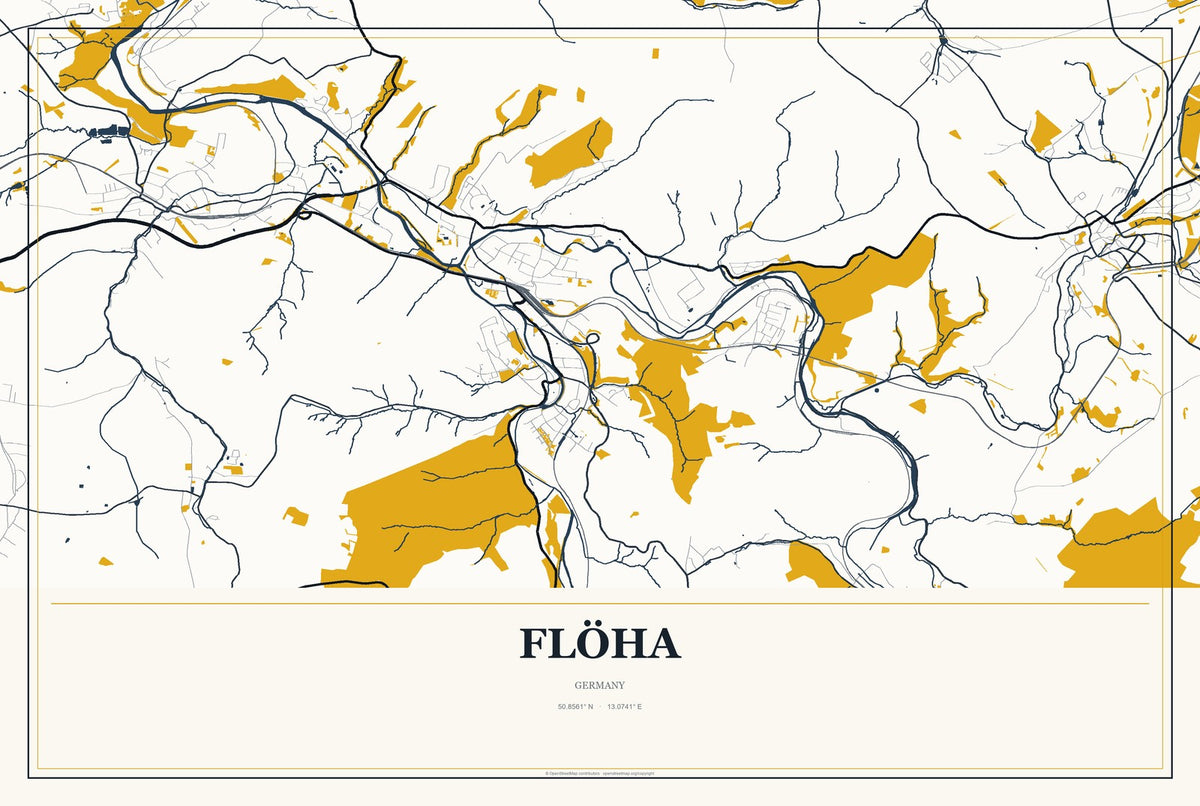 Flöha, Germany City Map Aluminum Sign in Citrine Modern style