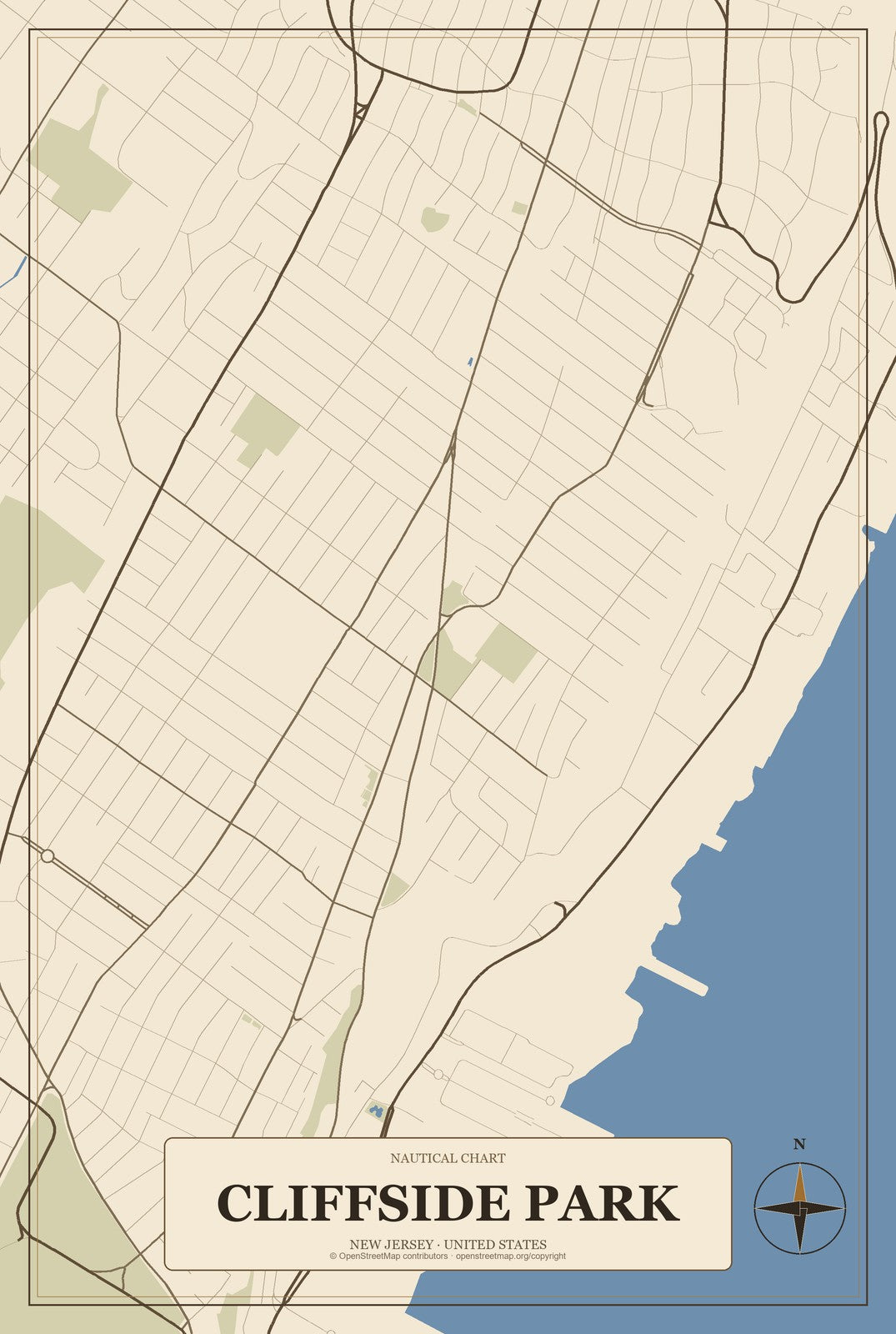 Cliffside Park, New Jersey City Map Aluminum Sign in Heritage Nautical style