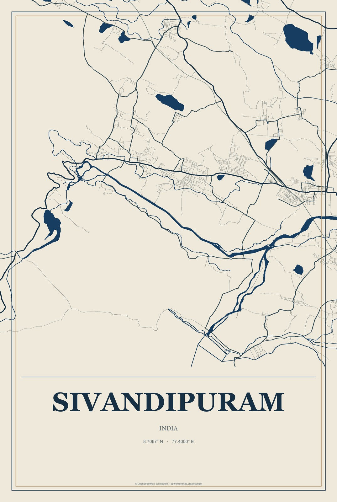 Sivandipuram, India City Map Aluminum Sign in Coastal Cutout style
