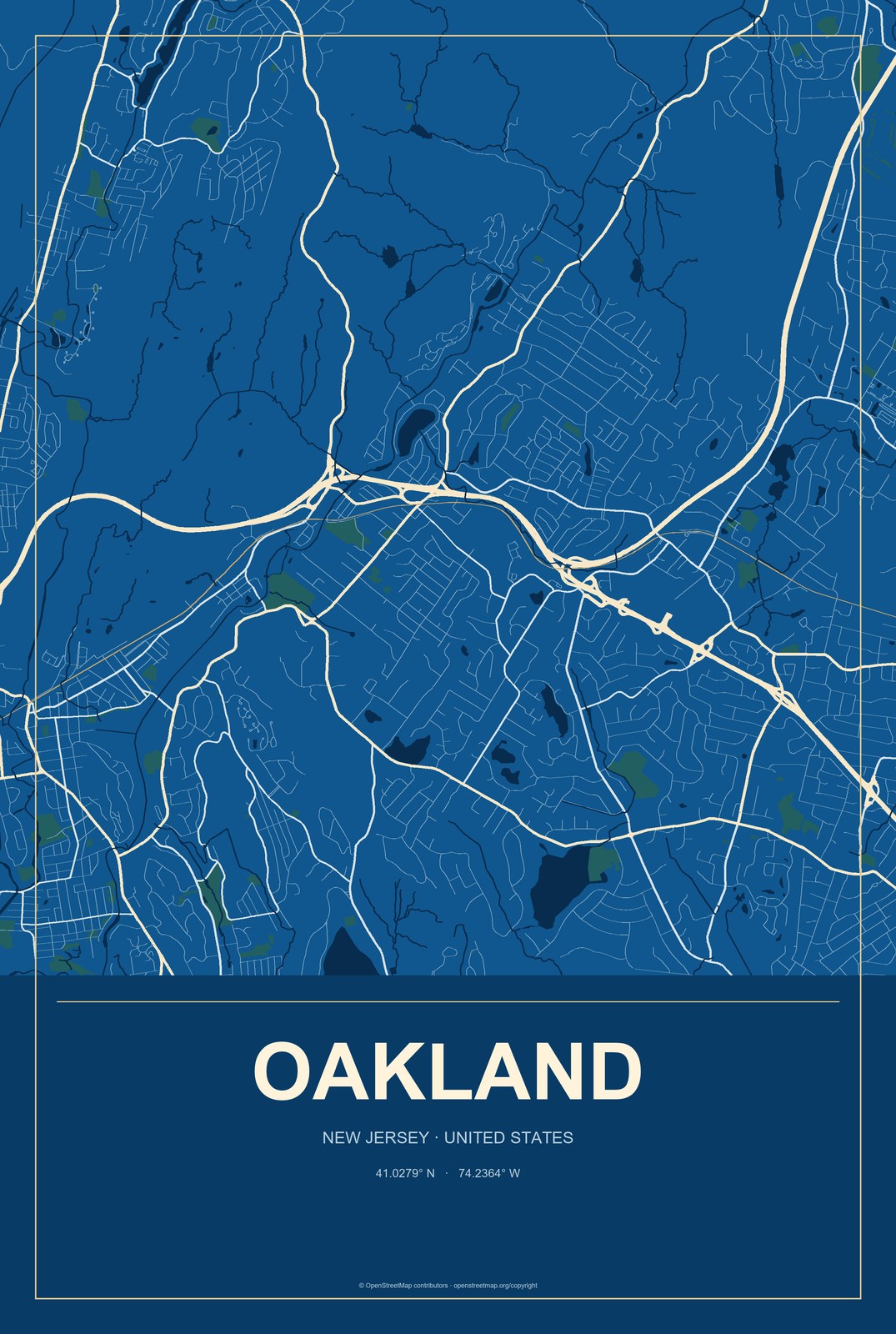 Oakland, New Jersey City Map Aluminum Sign in Harbor Cobalt style