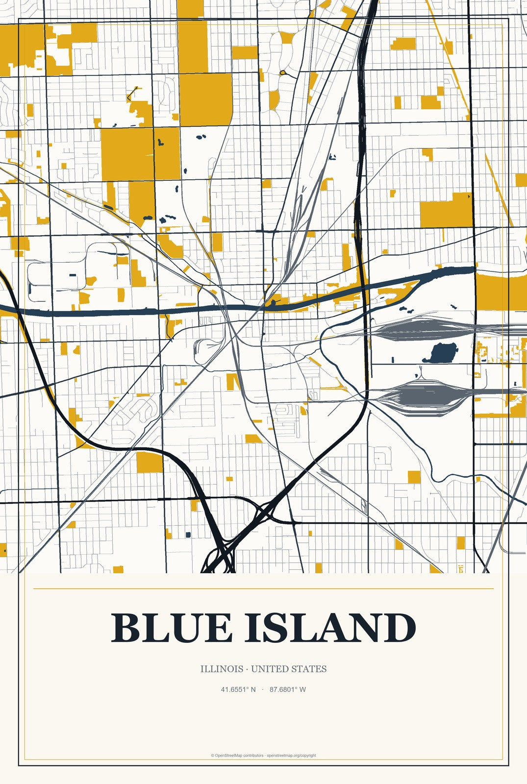 Blue Island, Illinois City Map Aluminum Sign in Citrine Modern style