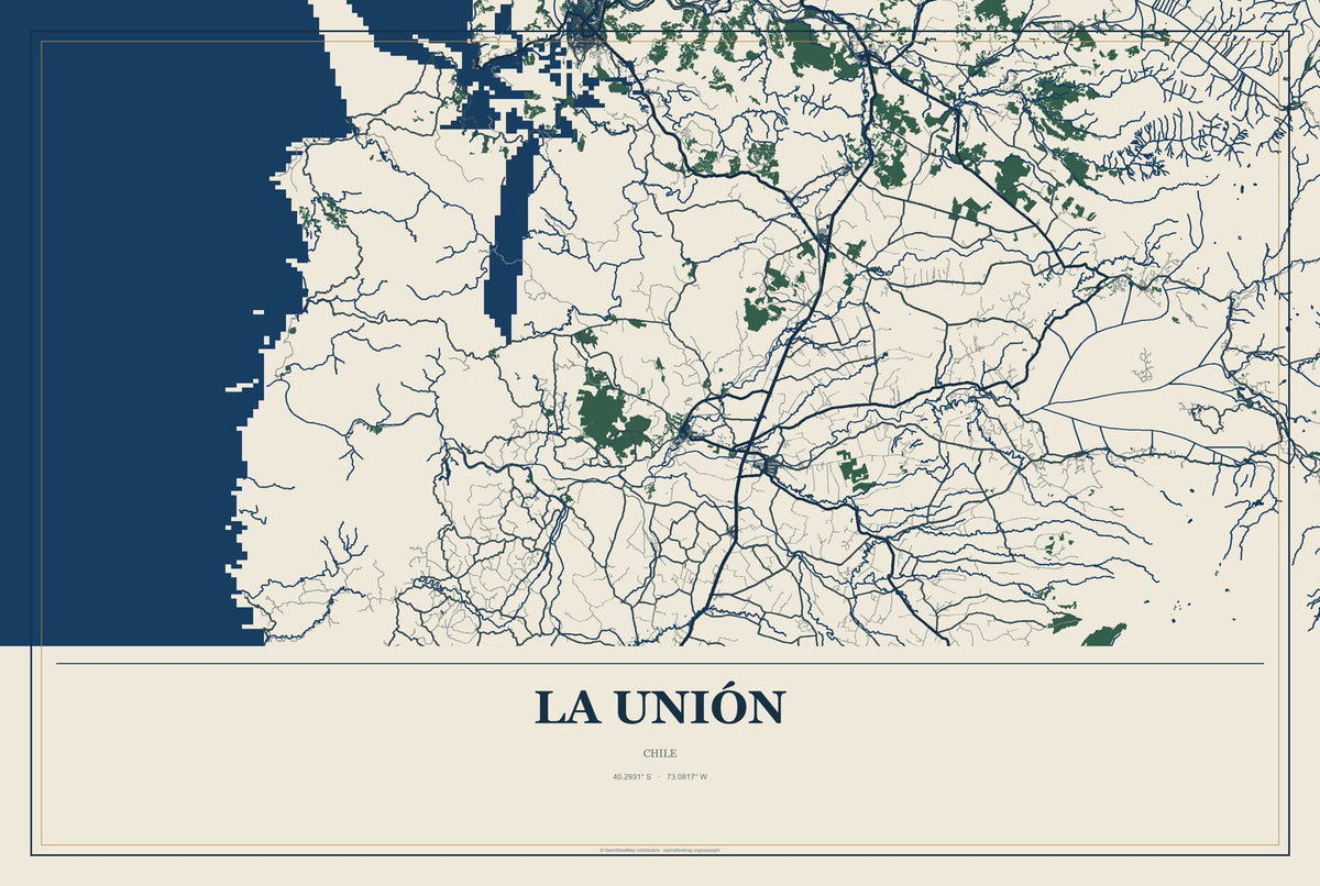 La Unión, Chile City Map Aluminum Sign in Coastal Cutout style