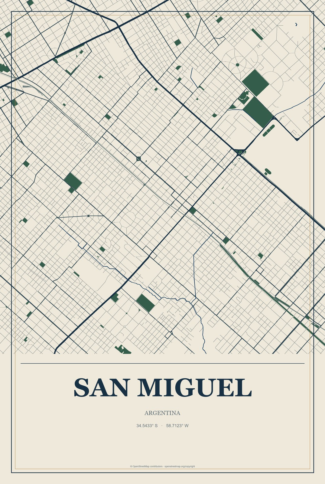 San Miguel, Argentina City Map Aluminum Sign in Coastal Cutout style