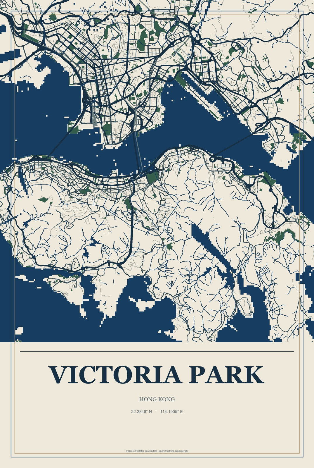 Victoria Park, Hong Kong City Map Aluminum Sign in Coastal Cutout style