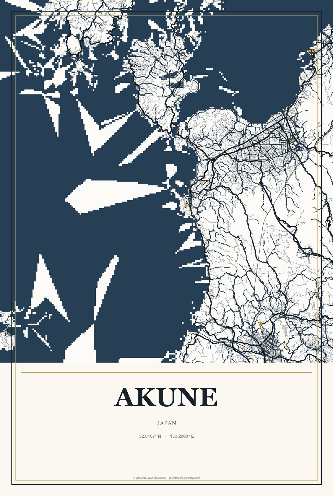 Akune, Japan City Map Aluminum Sign in Citrine Modern style