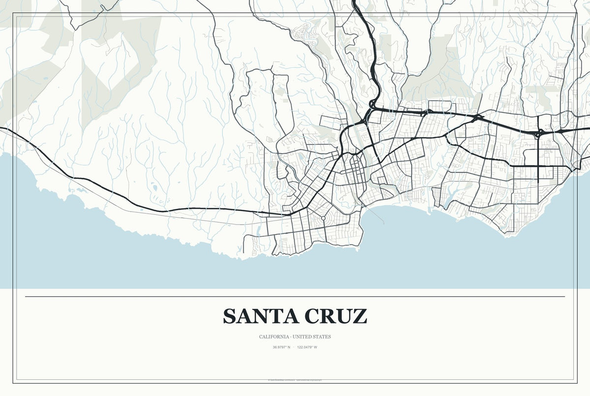 Santa Cruz, California City Map Aluminum Sign in Gallery Air style