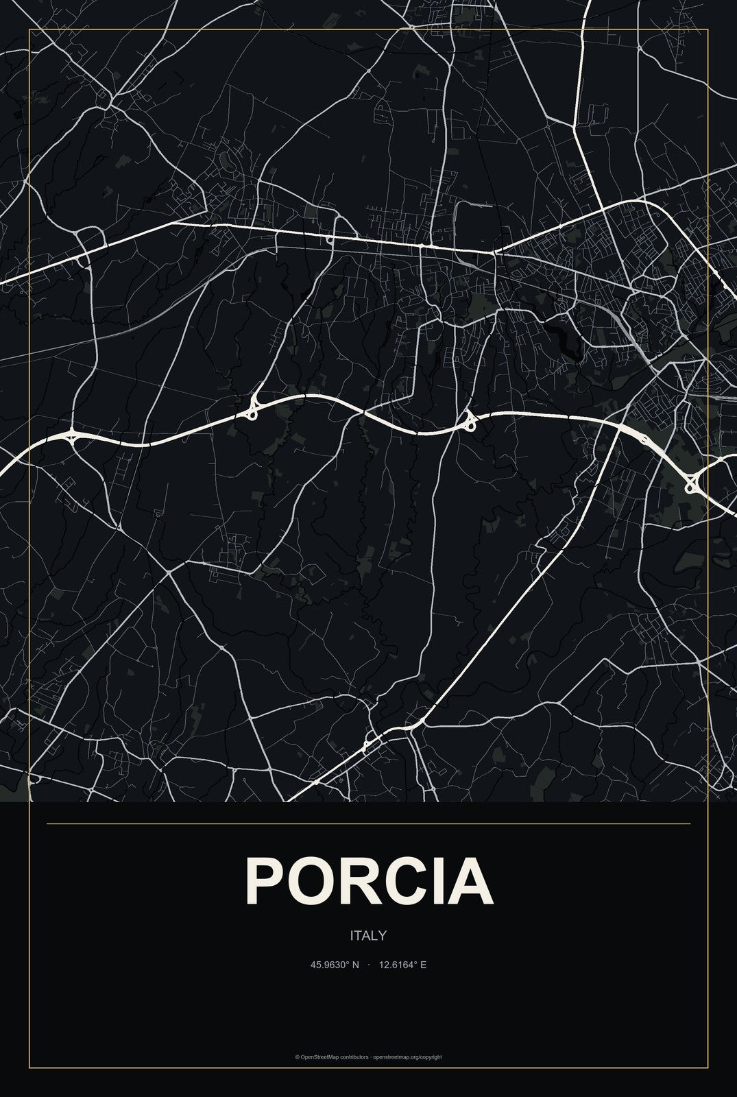 Porcia, Italy City Map Aluminum Sign in Metropolitan Noir style