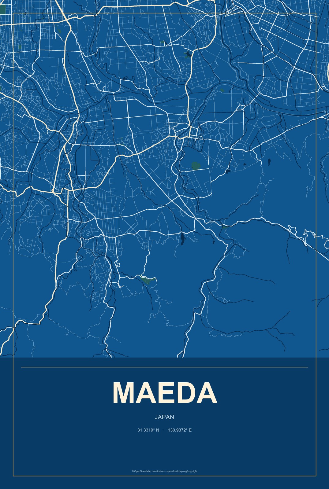 Maeda, Japan City Map Aluminum Sign in Harbor Cobalt style