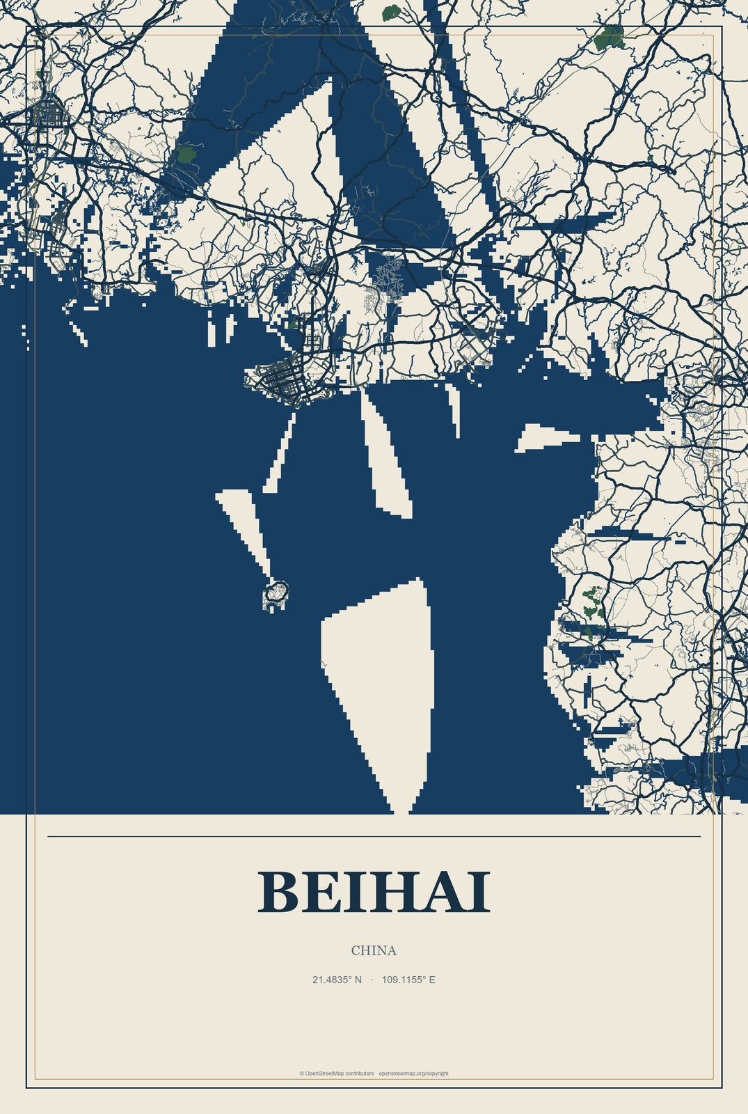 Beihai, Guangxi, China City Map Aluminum Sign in Coastal Cutout style