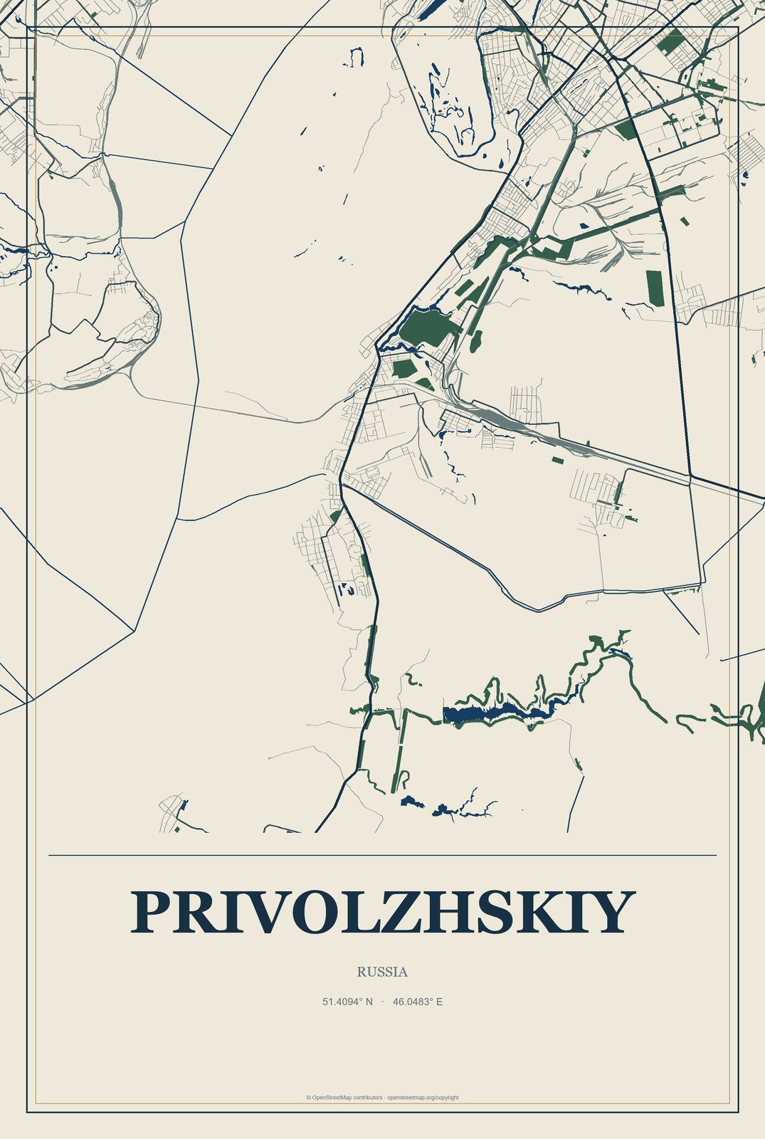 Privolzhskiy, Russia City Map Aluminum Sign in Coastal Cutout style