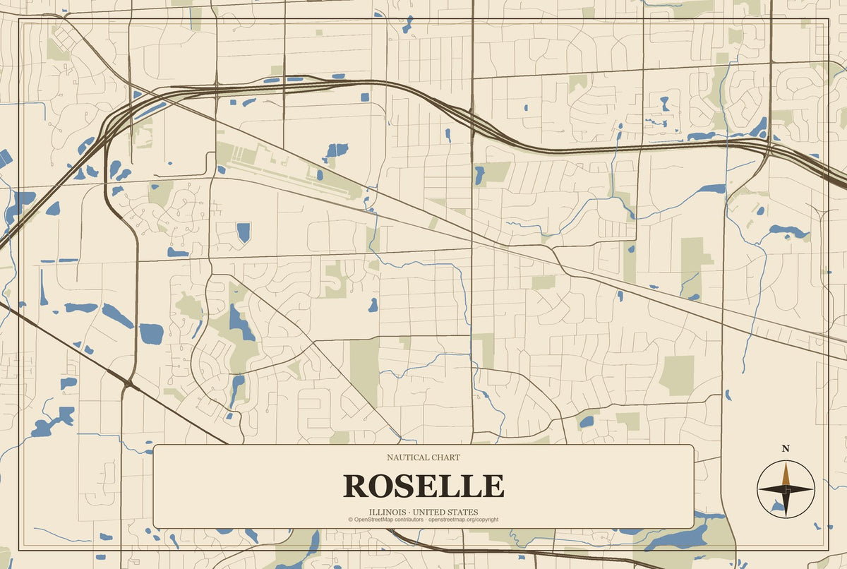 Roselle, Illinois City Map Aluminum Sign in Heritage Nautical style