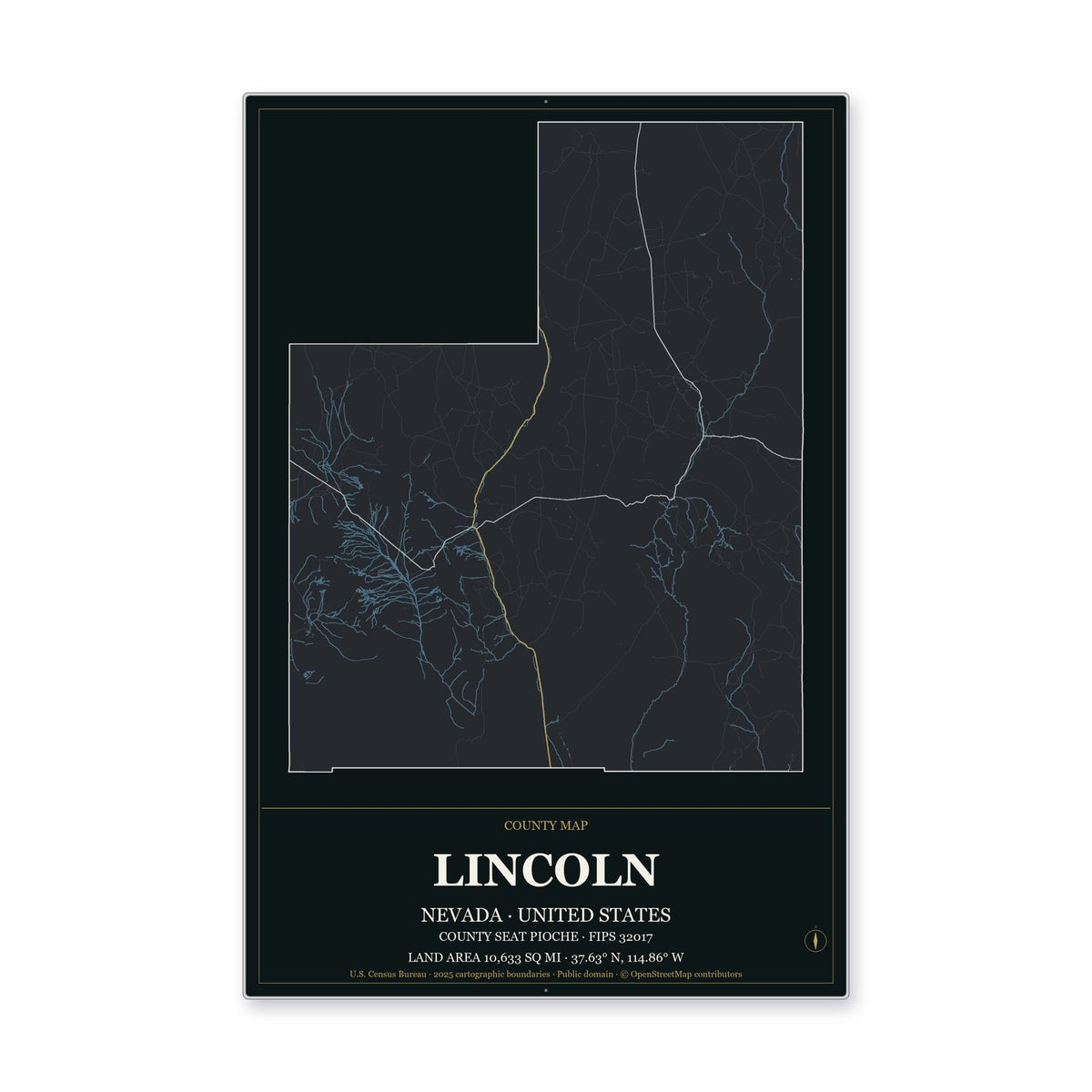 Lincoln County, Nevada Map Aluminum Sign in Metropolitan Noir style