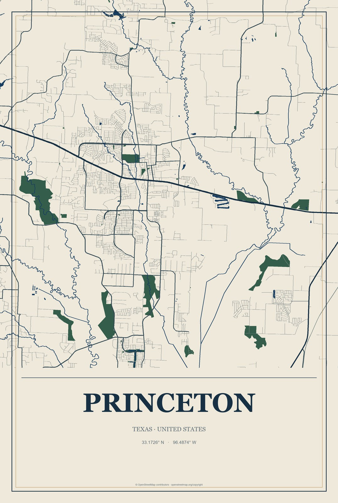 Princeton, Texas City Map Aluminum Sign in Coastal Cutout style
