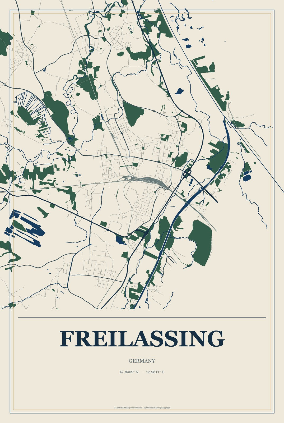 Freilassing, Germany City Map Aluminum Sign in Coastal Cutout style