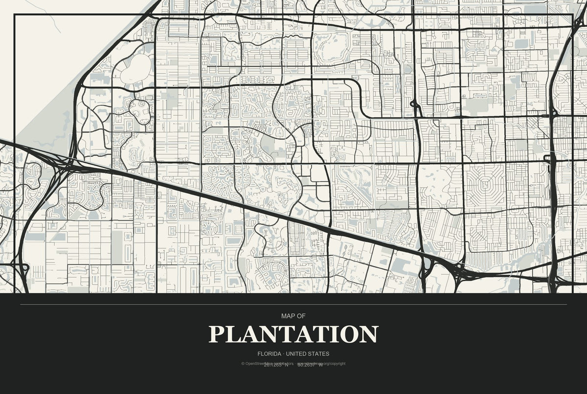 Plantation, Florida City Map Aluminum Sign in Museum Plaque style