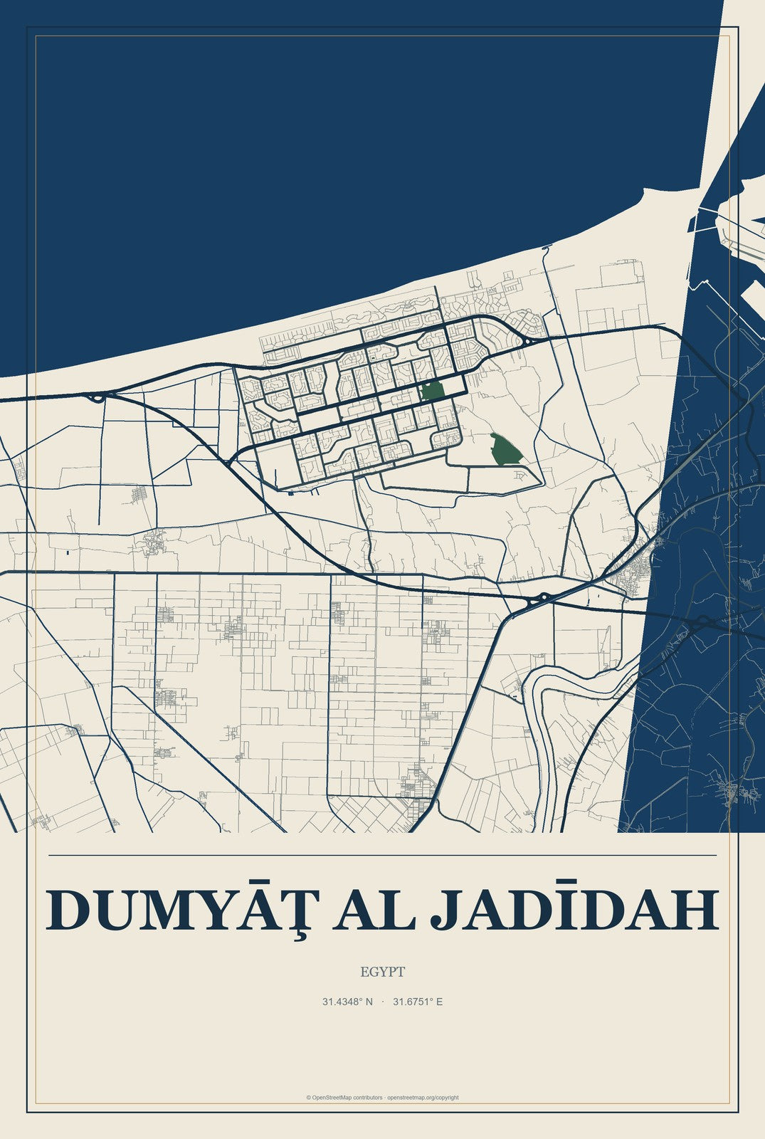 Dumyāţ al Jadīdah, Egypt City Map Aluminum Sign in Coastal Cutout style