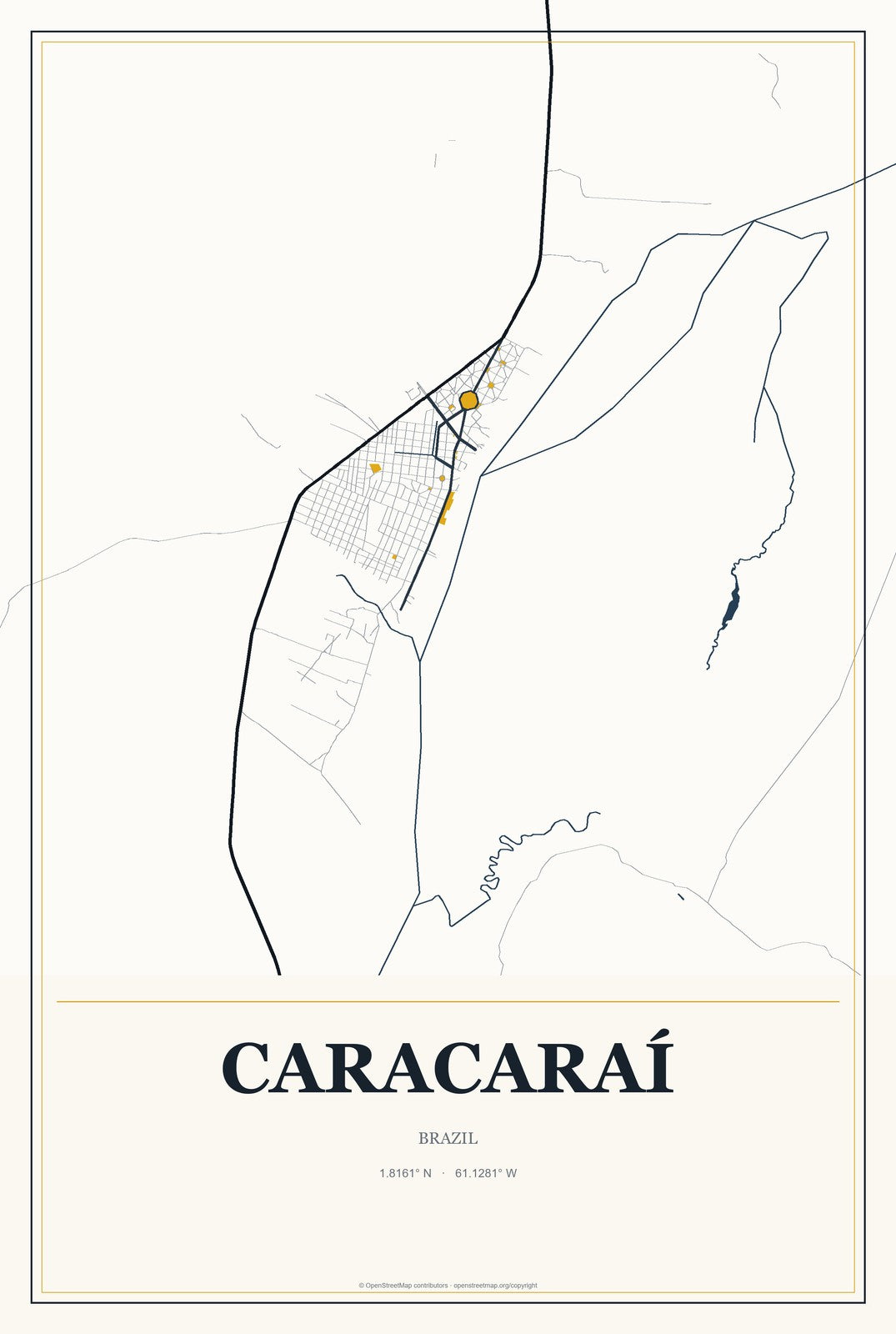 Caracaraí, Brazil City Map Aluminum Sign in Citrine Modern style