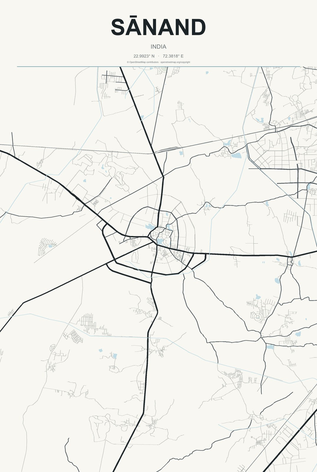 Sānand, India City Map Aluminum Sign in Headline Atlas style