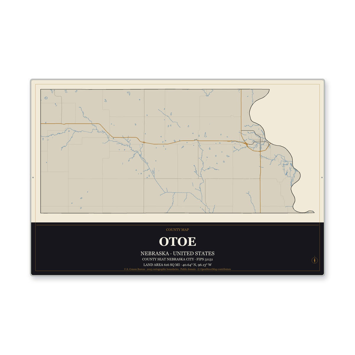 Otoe County, Nebraska Map Aluminum Sign in Museum Plaque style