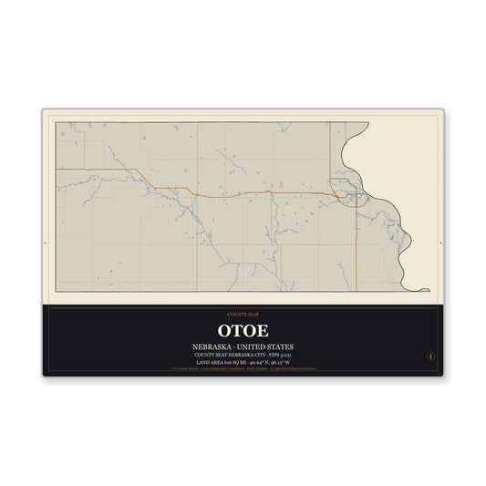 Otoe County, Nebraska Map Aluminum Sign in Museum Plaque style