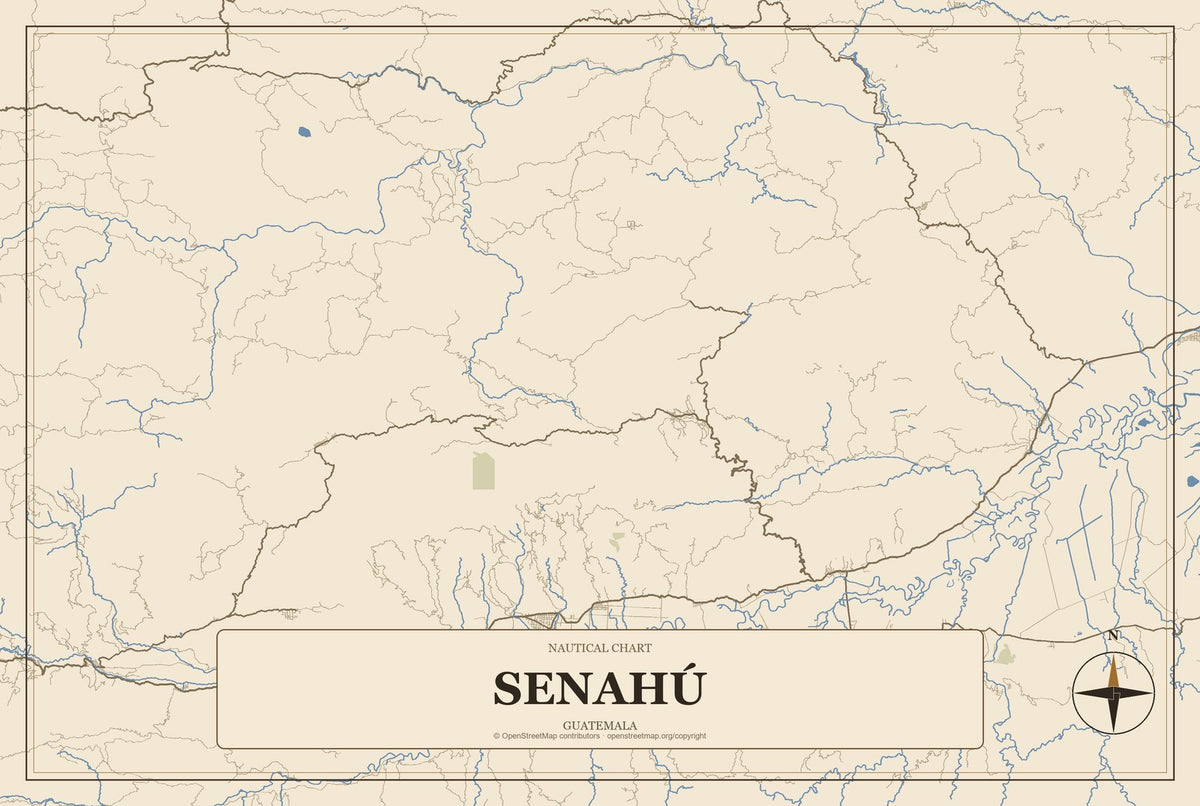 Senahú, Guatemala City Map Aluminum Sign in Heritage Nautical style