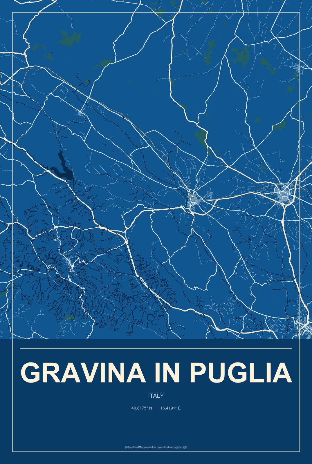 Gravina in Puglia, Italy City Map Aluminum Sign in Harbor Cobalt style