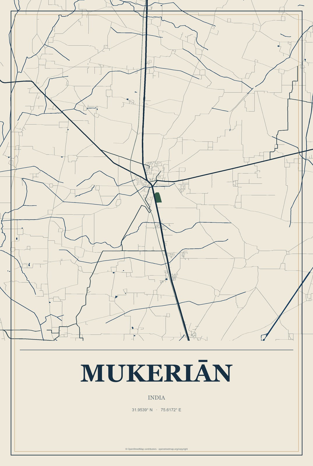 Mukeriān, India City Map Aluminum Sign in Coastal Cutout style