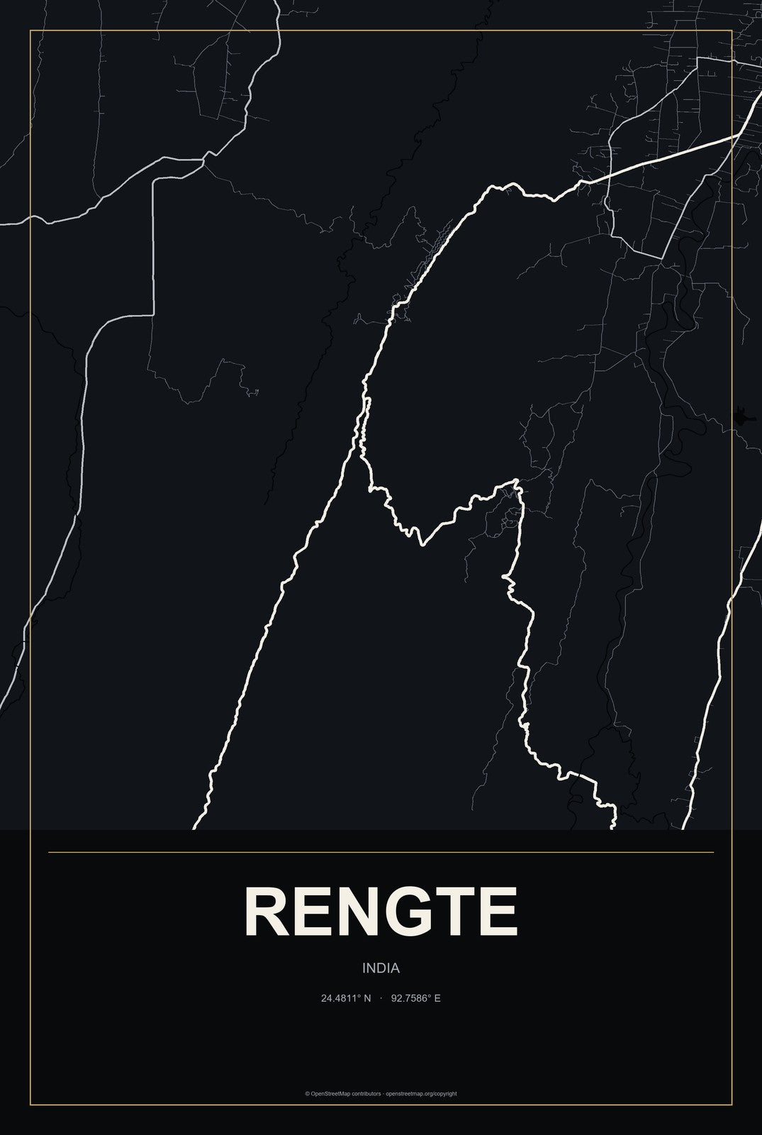 Rengte, India City Map Aluminum Sign in Metropolitan Noir style