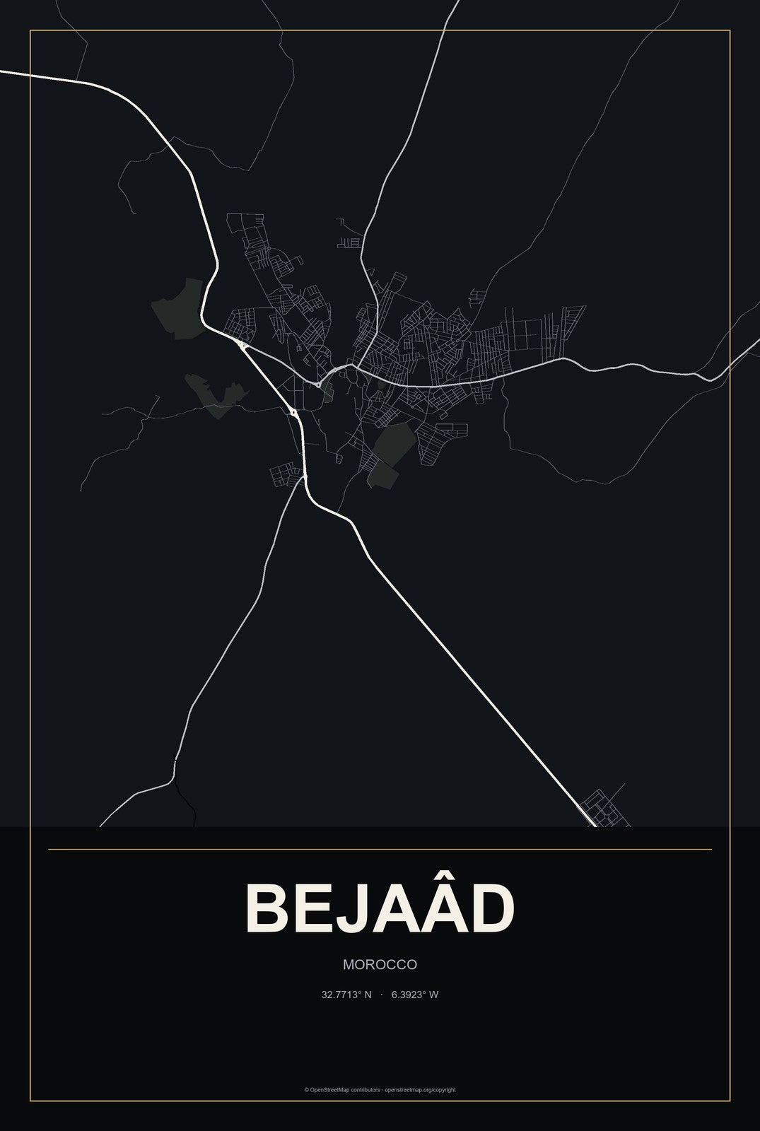 Bejaâd, Morocco City Map Aluminum Sign in Metropolitan Noir style