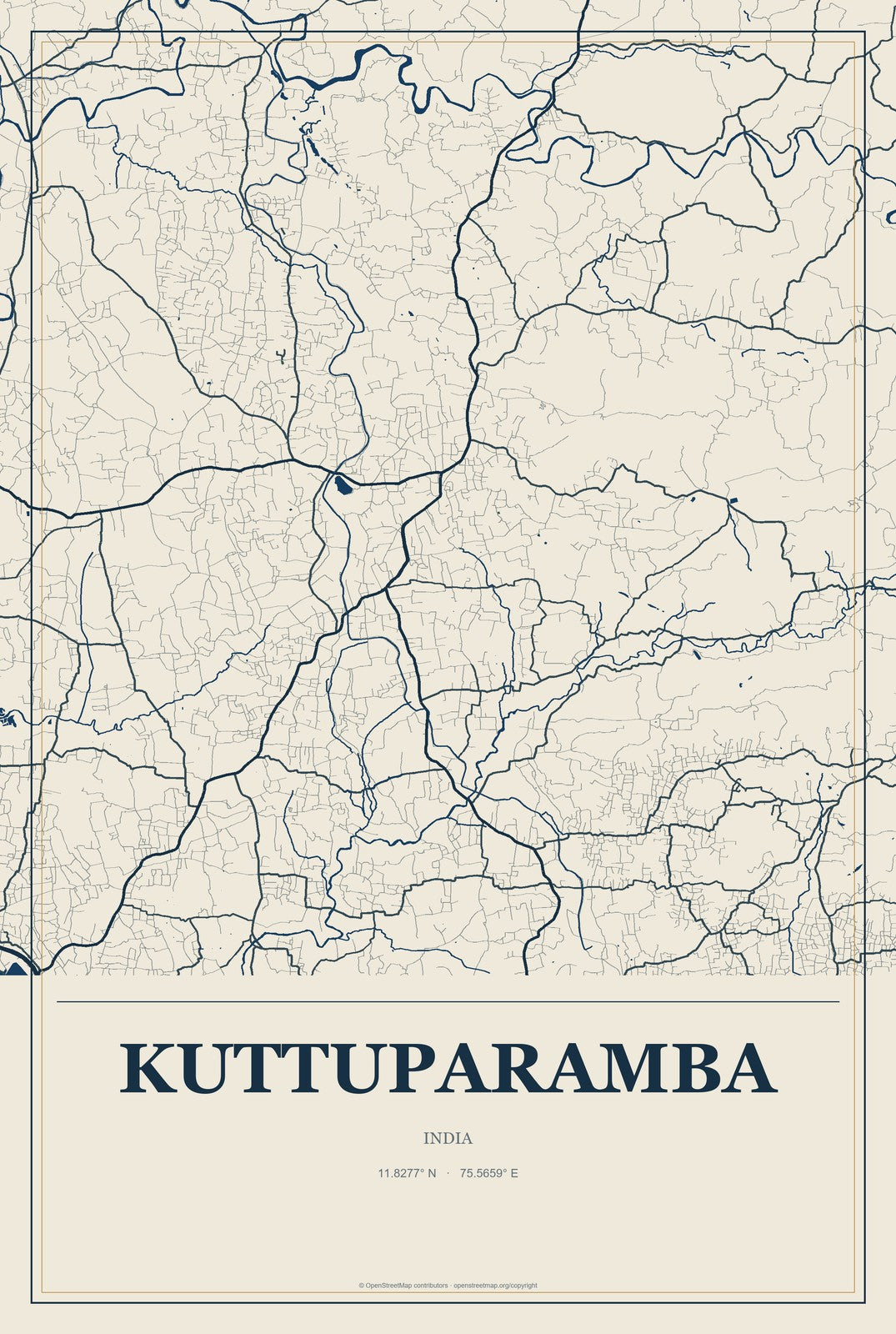 Kuttuparamba, India City Map Aluminum Sign in Coastal Cutout style