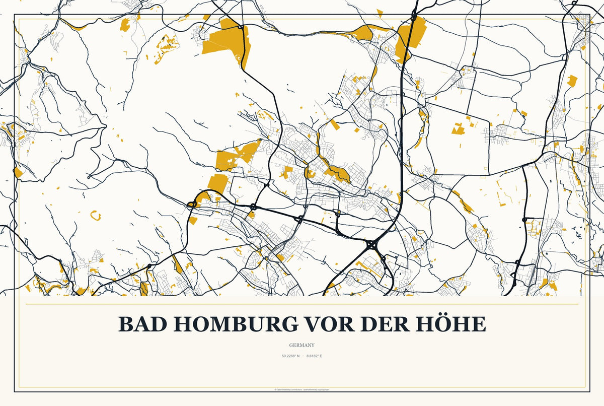 Bad Homburg vor der Höhe, Germany City Map Aluminum Sign in Citrine Modern style