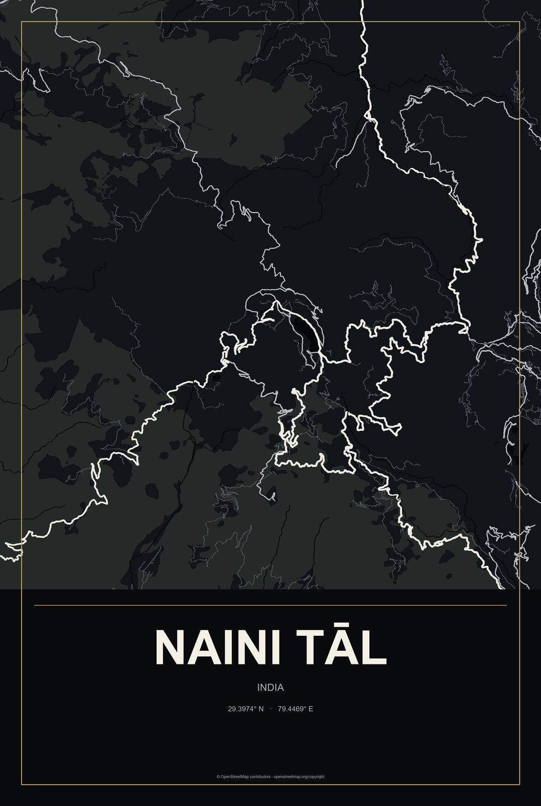 Naini Tāl, India City Map Aluminum Sign in Metropolitan Noir style