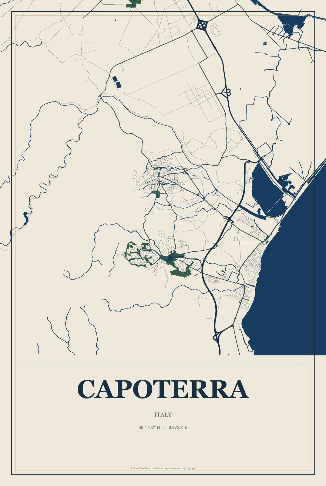 Capoterra, Italy City Map Aluminum Sign in Coastal Cutout style
