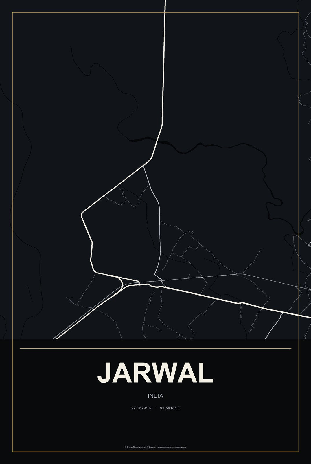 Jarwal, India City Map Aluminum Sign in Metropolitan Noir style